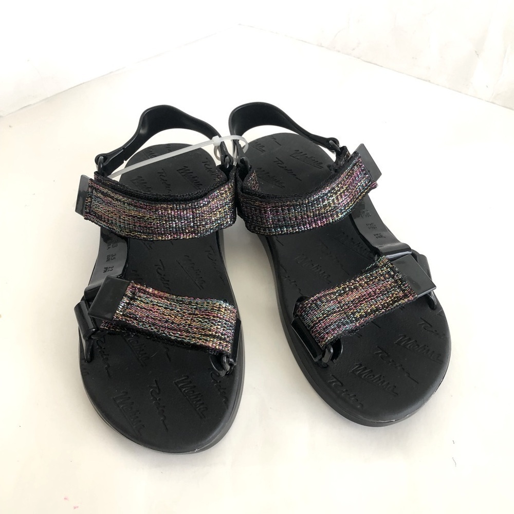 Mini Melisa Little Girl's Black Shimmering Papete + Rider Sandals Size 4